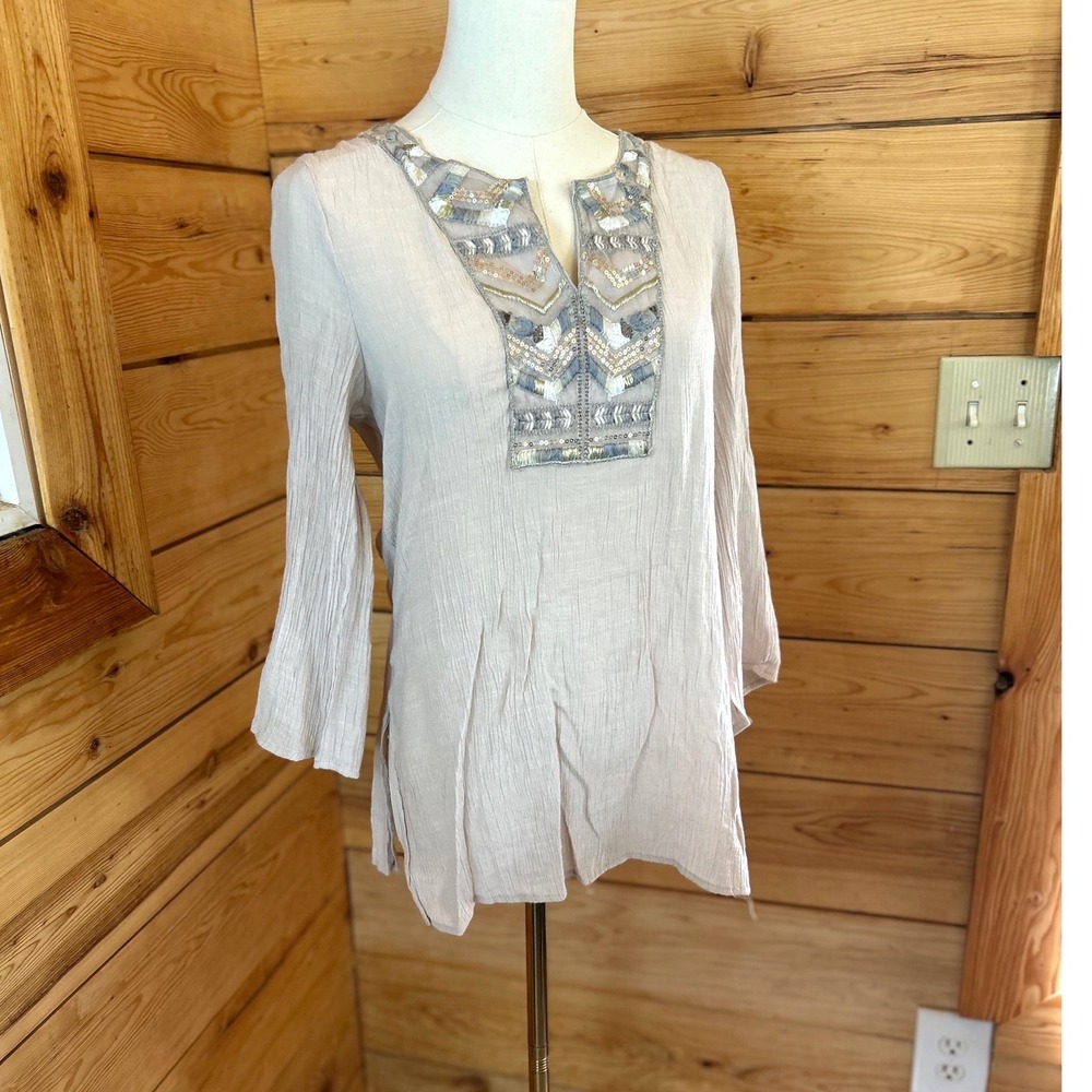 Tunic Top Womens Medium Tan Geometric Sequin Bib Gauze Spense